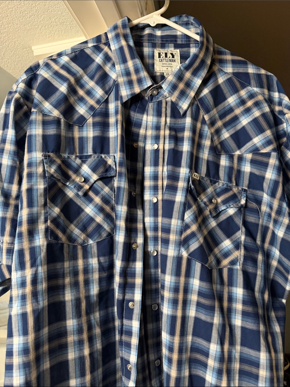 Ely Cattleman Navy and White Plaid Western Snap Shirt